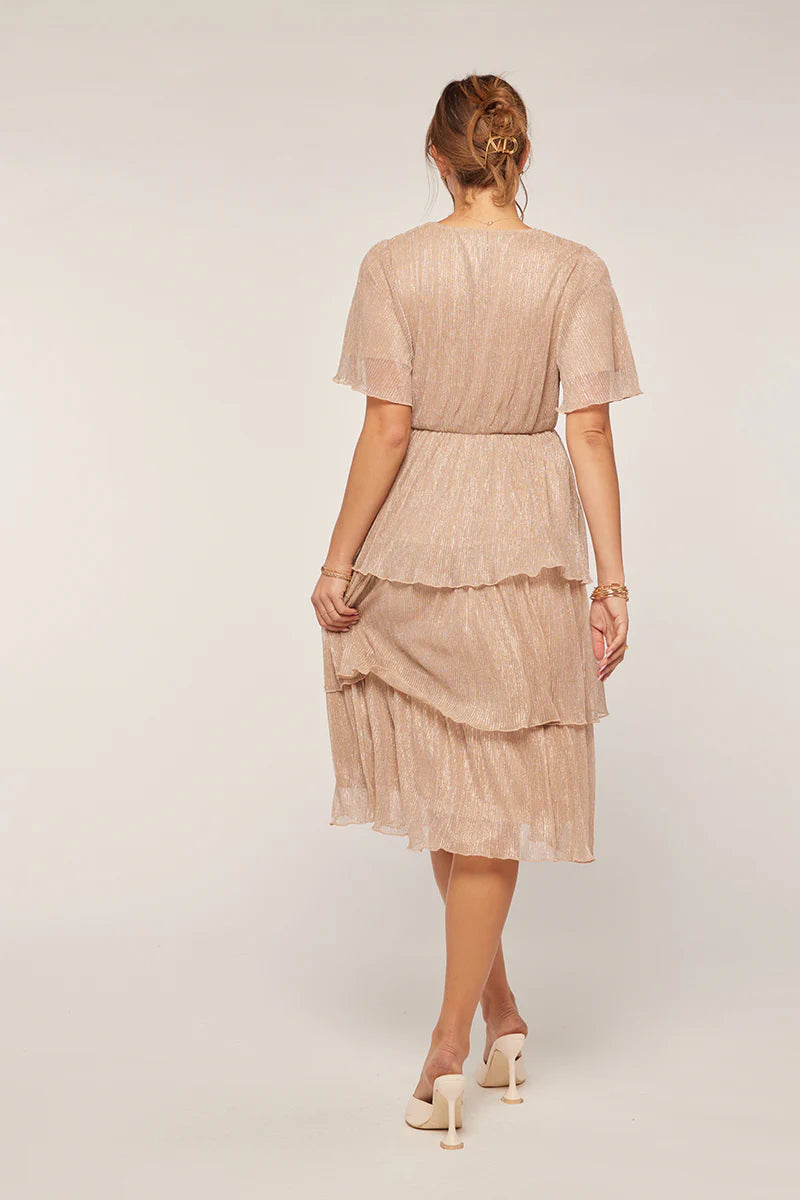 Pleated Metallic Tiered Dress