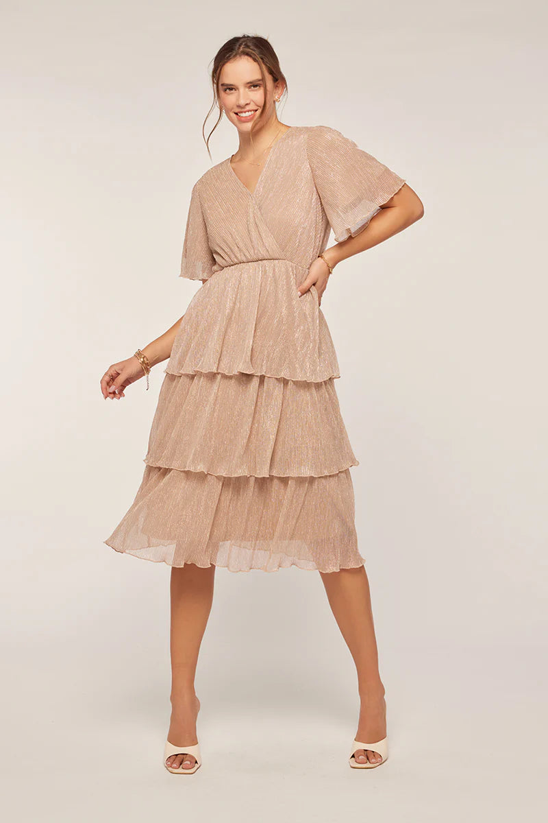 Pleated Metallic Tiered Dress