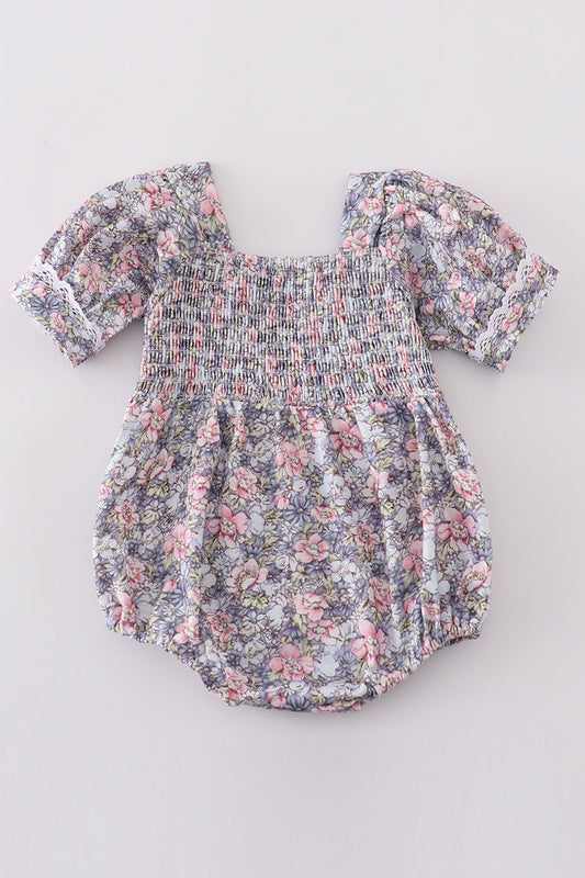 Blue floral whisper smocked girl bubble