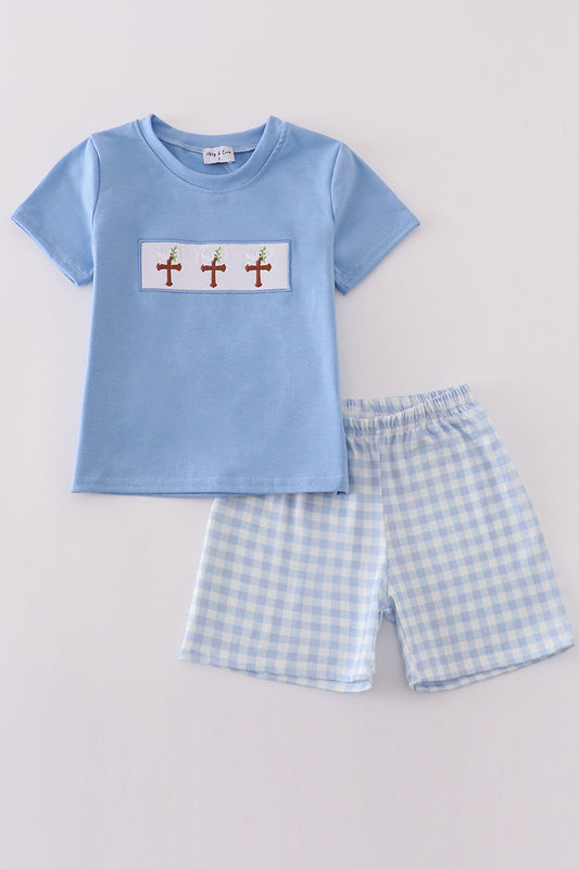 Blue Easter cross embroidery boy set