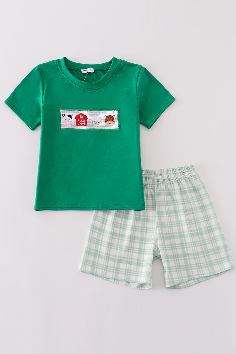 Green farm embroidery smocked boy set