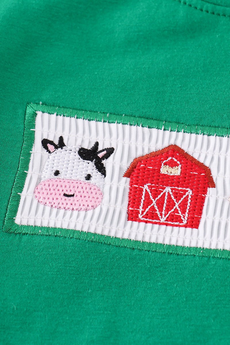 Green farm embroidery smocked boy set