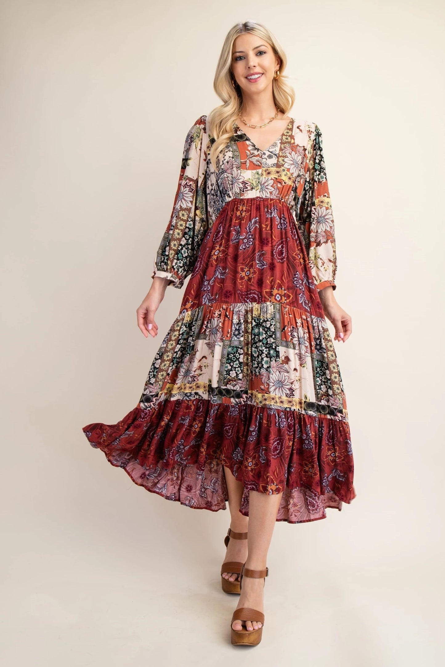 Mixed Print Midi Dress with Keyhole