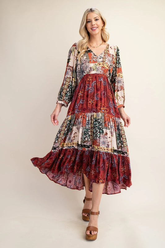 Mixed Print Midi Dress with Keyhole