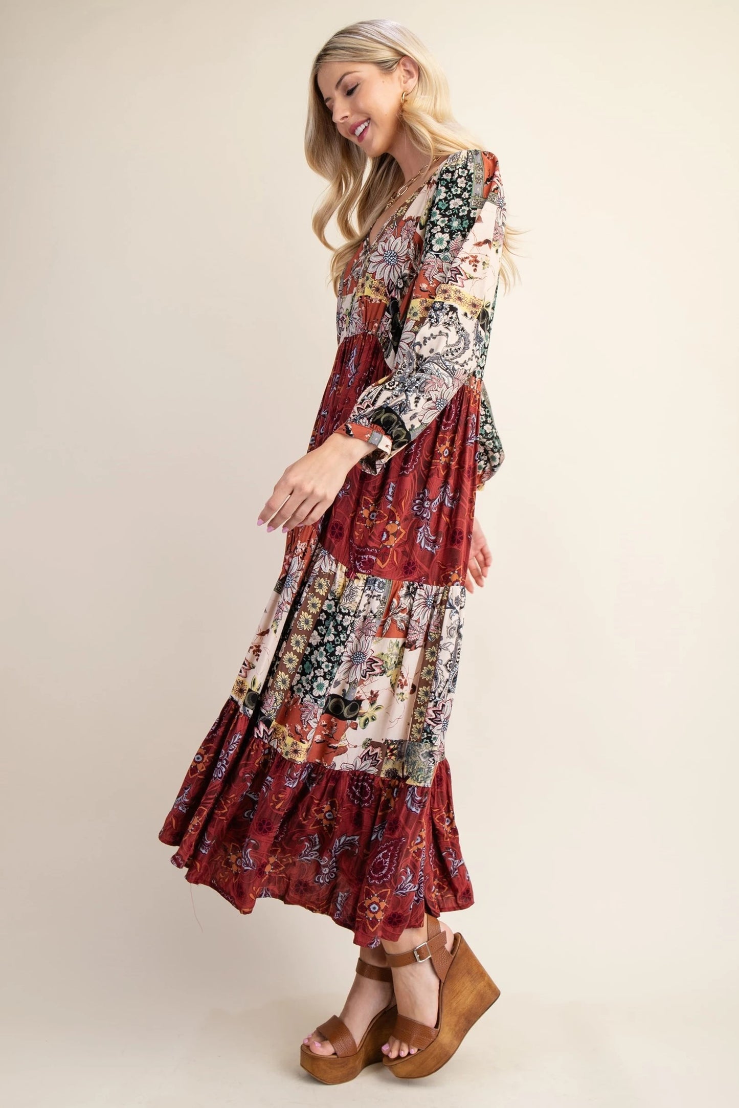 Mixed Print Midi Dress with Keyhole