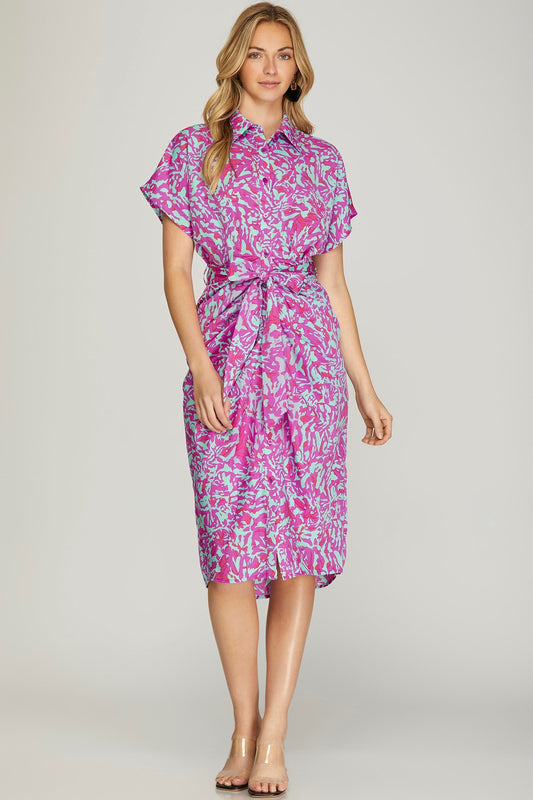 Drop Shoulder Woven Print Button Down Collared Midi Dress with Front Tie