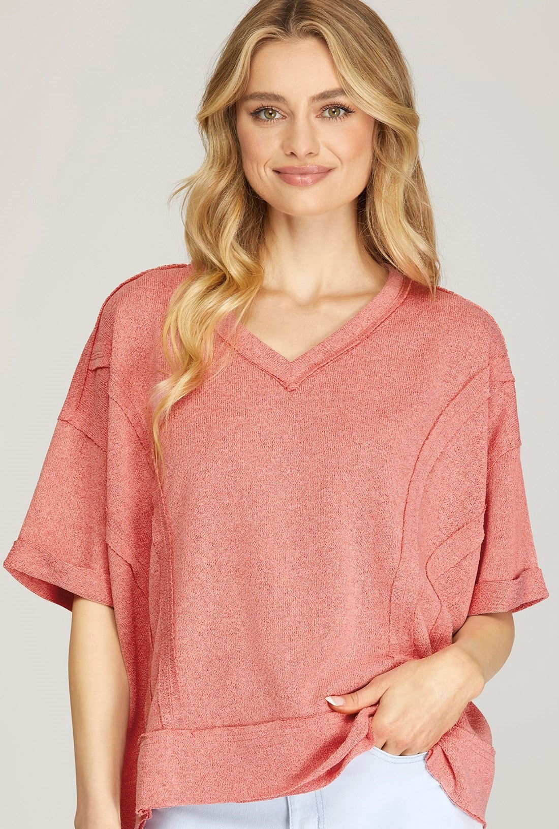 Short Sleeve V Neck Raw Edge Knit Top