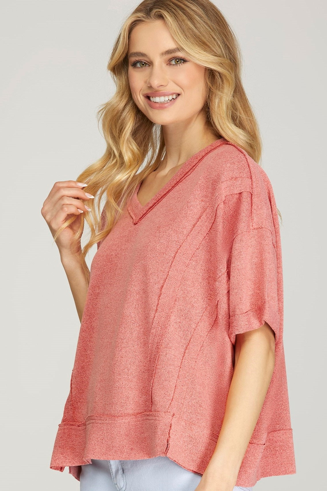 Short Sleeve V Neck Raw Edge Knit Top