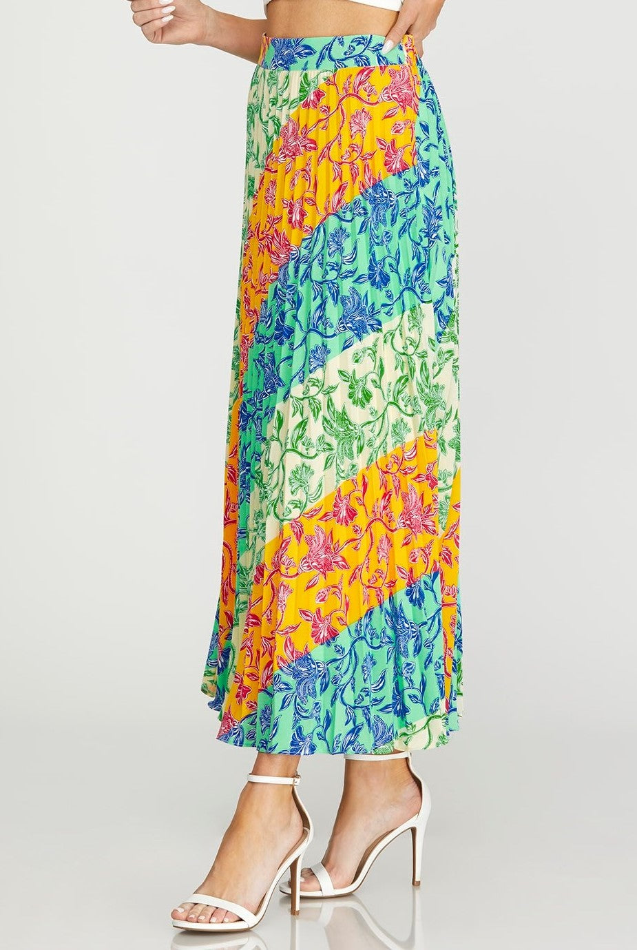 Woven Print Pleated Long Skirt