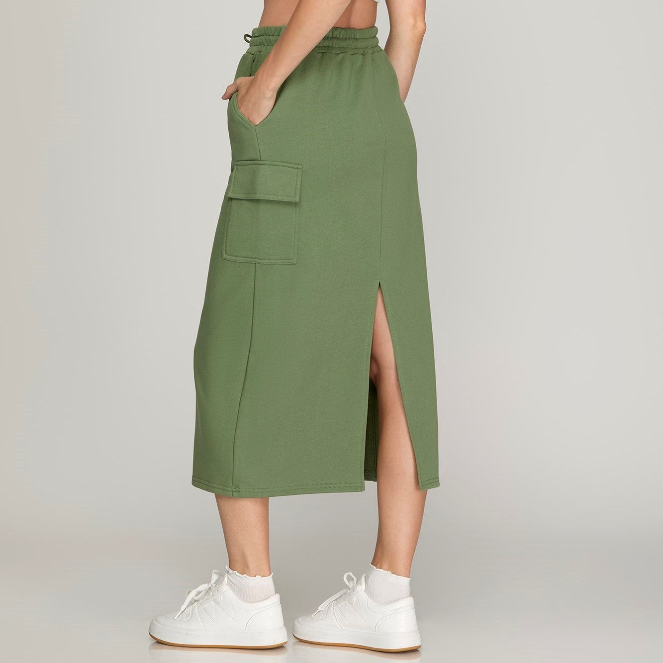 French Terry Knit Cargo Midi Skirt with Elastic Waistband