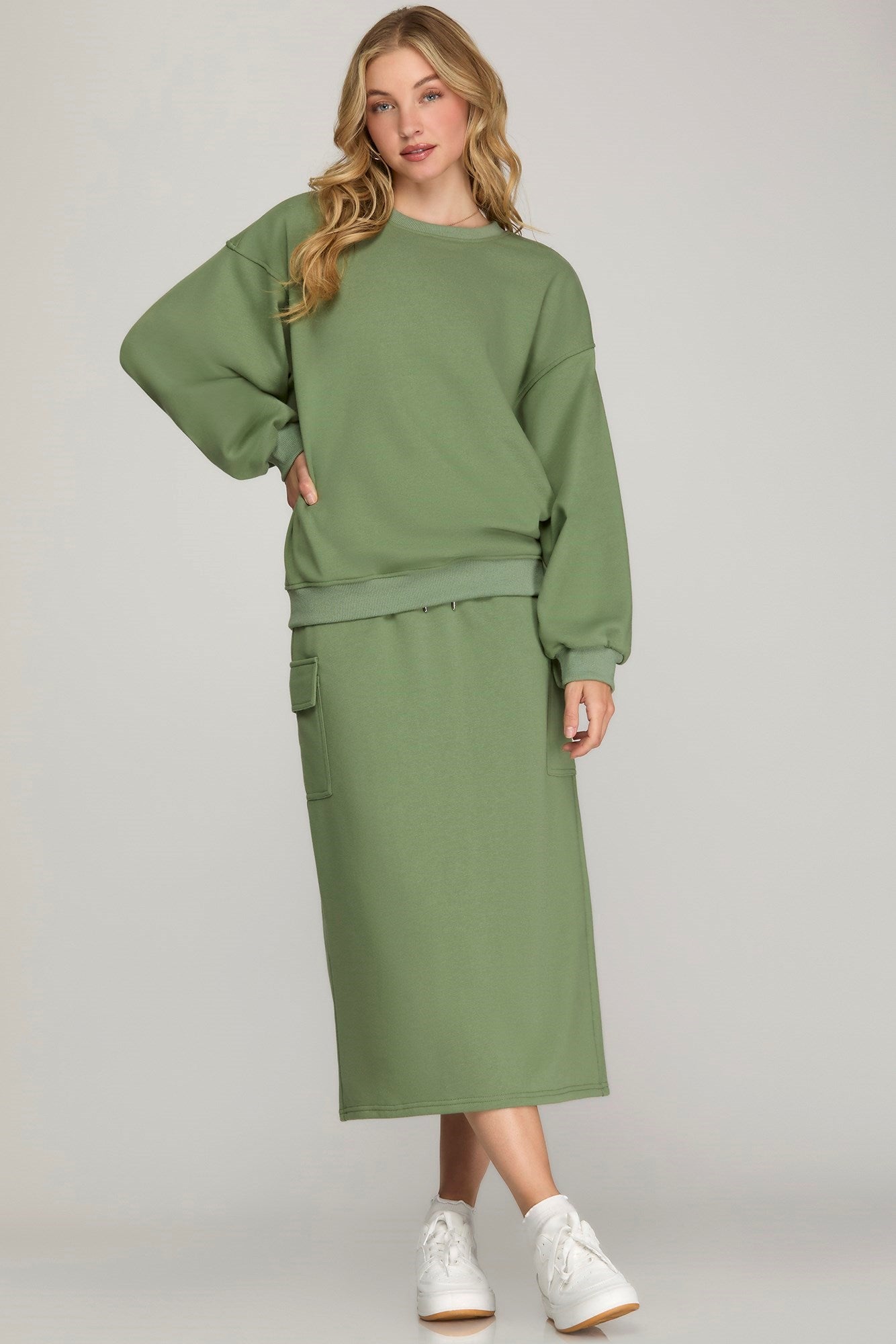 French Terry Knit Cargo Midi Skirt with Elastic Waistband