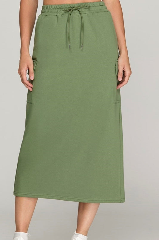 French Terry Knit Cargo Midi Skirt with Elastic Waistband