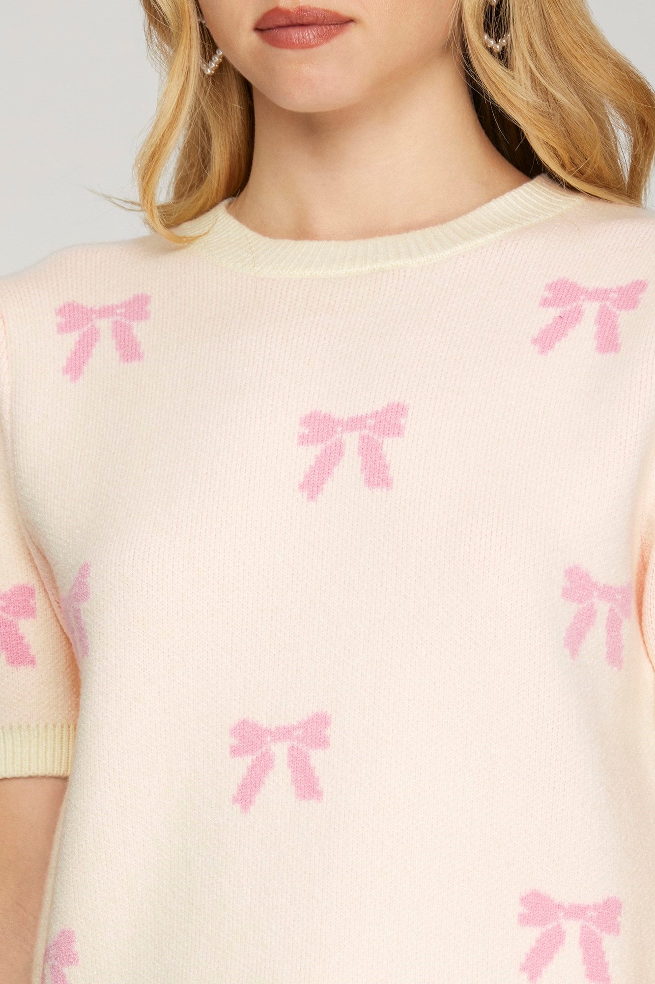 PUFF SHORT SLEEVE BOW PATTERN SWEATER TOP