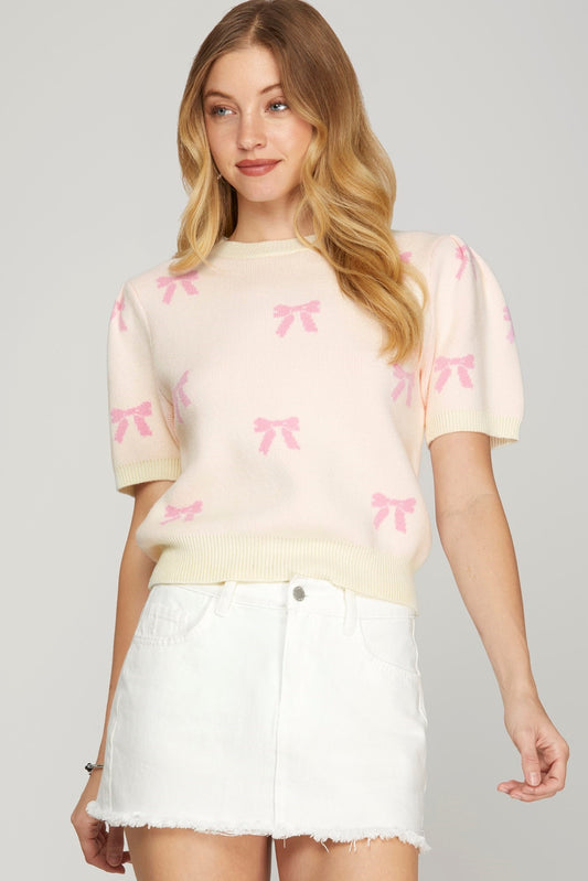 PUFF SHORT SLEEVE BOW PATTERN SWEATER TOP