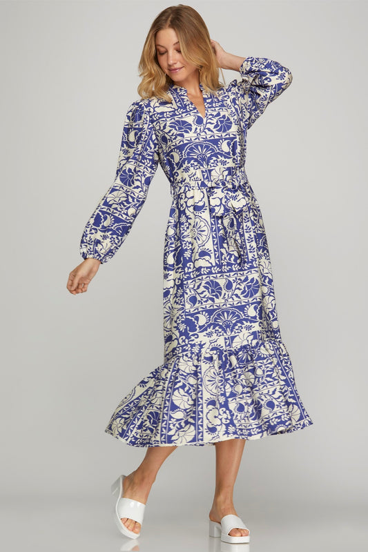 Long Sleeve Woven Print Tiered Midi Dress with Pockets