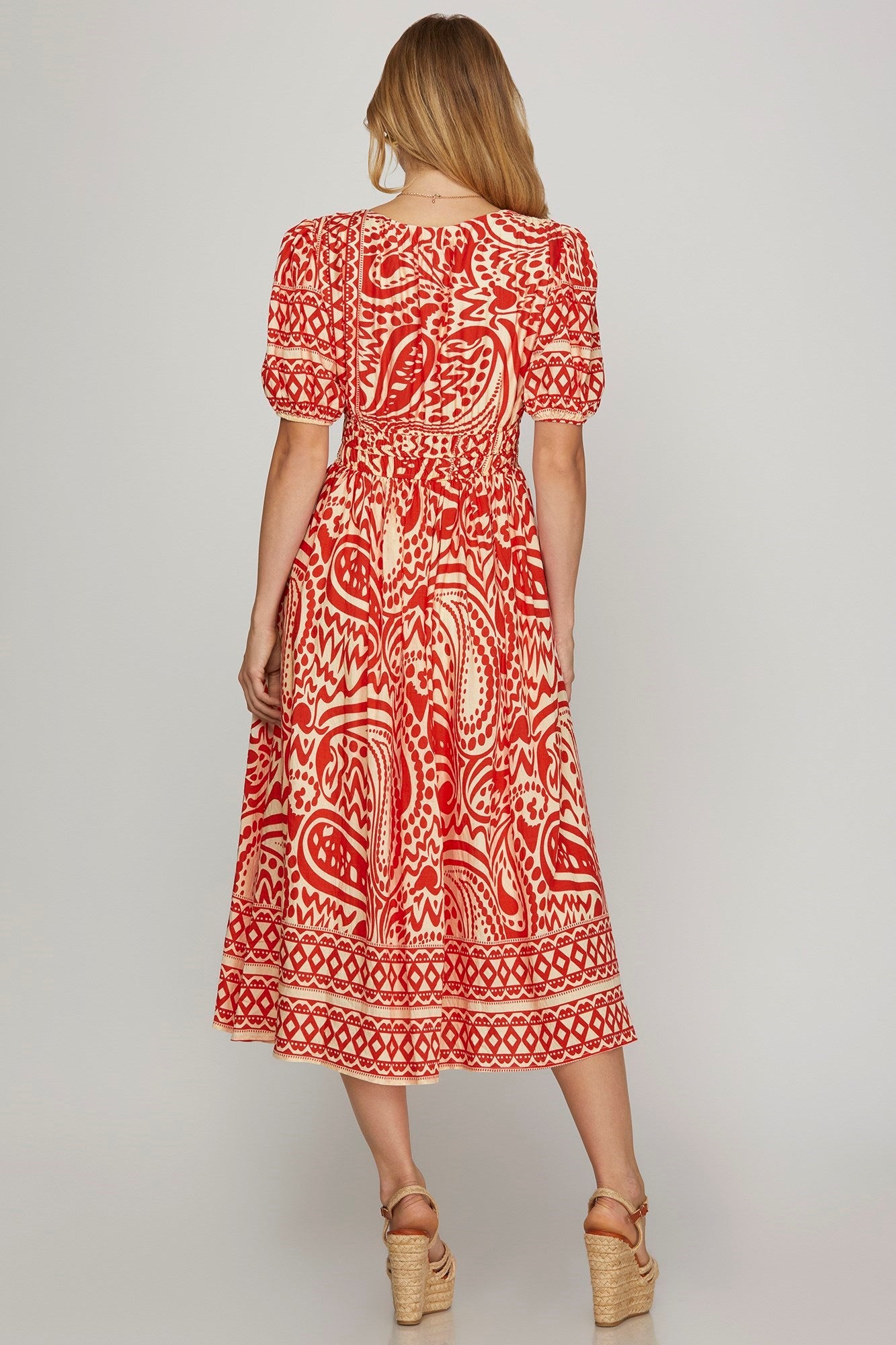 Printed Woven Midi Dress with Pockets- Red