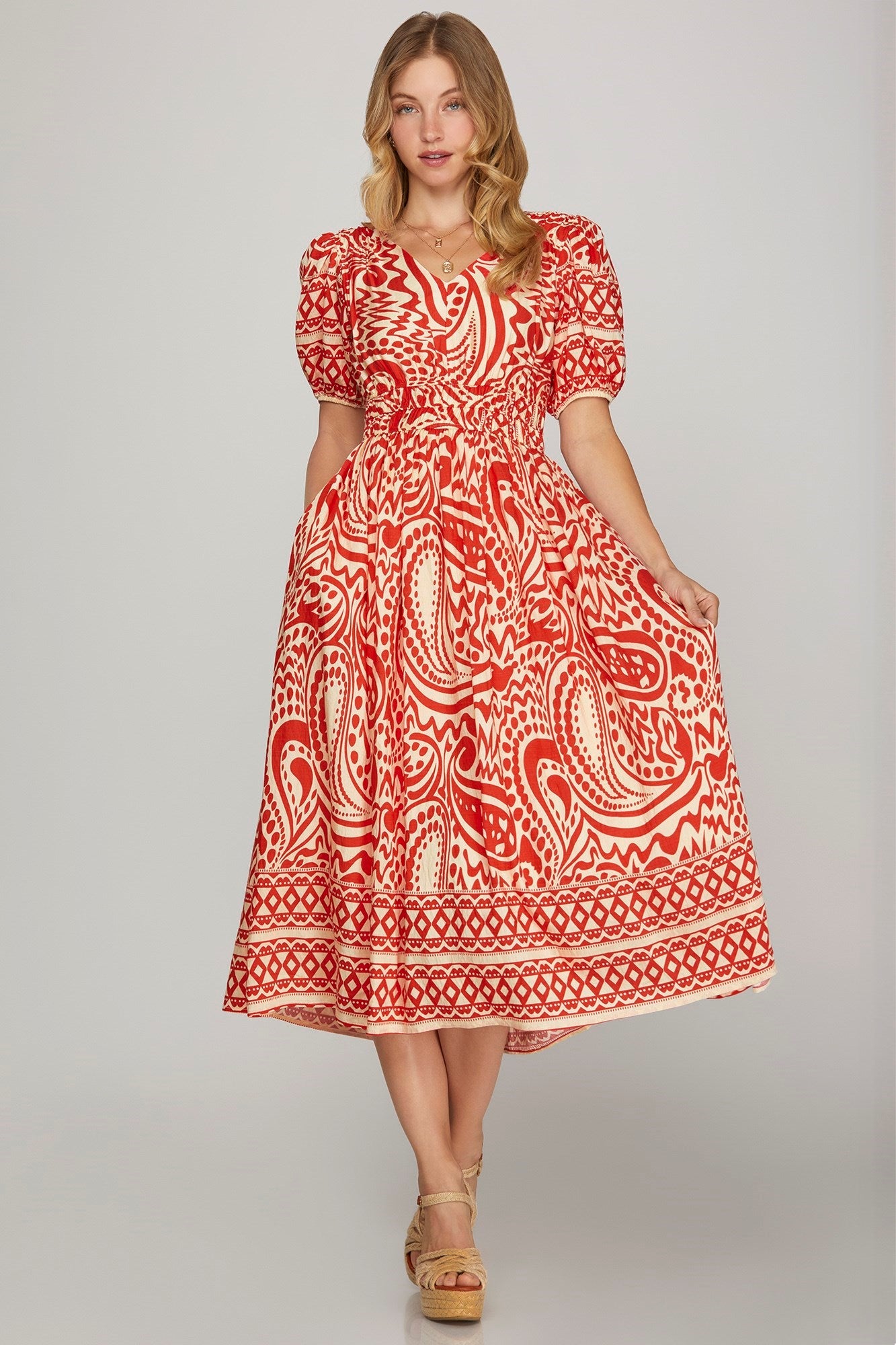 Printed Woven Midi Dress with Pockets- Red