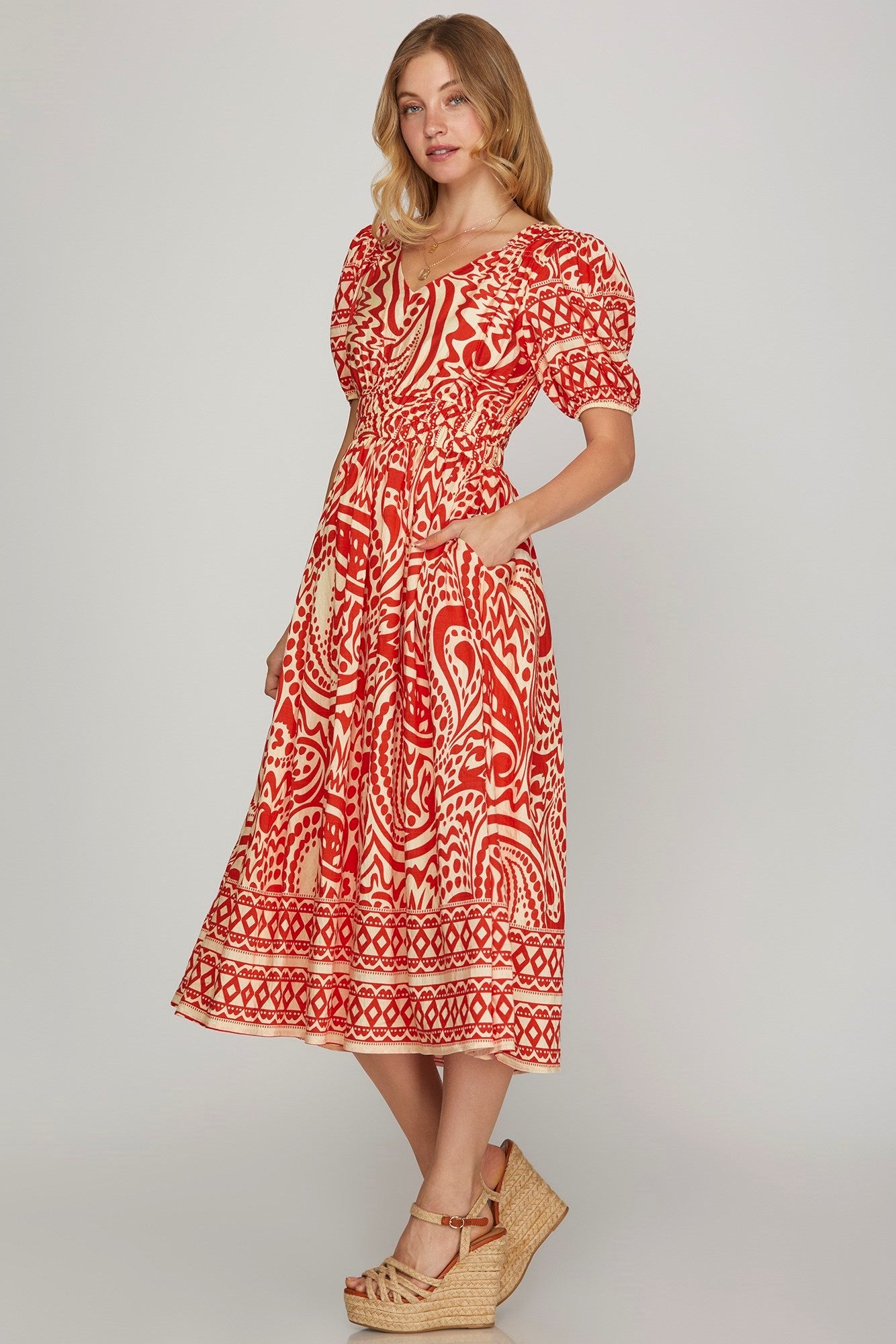 Printed Woven Midi Dress with Pockets- Red