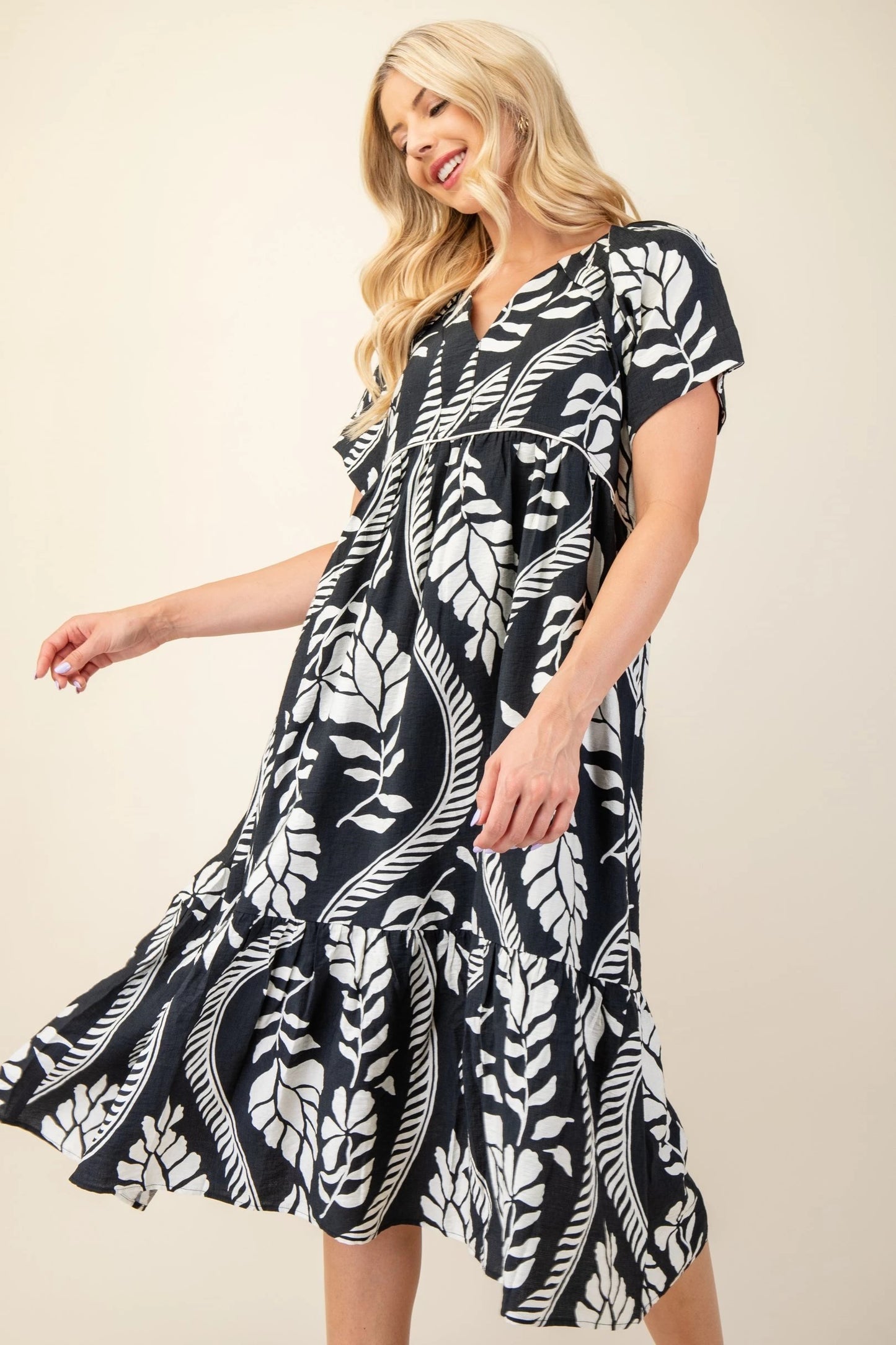 V-Neck Short Sleeve Midi Dress with Binding Trim