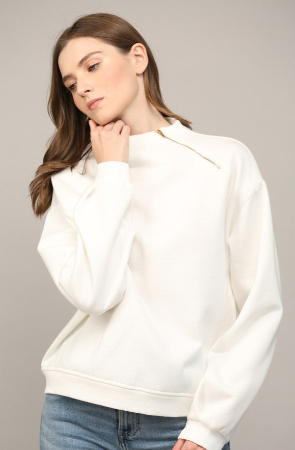 Zipper Trimmed Round Neck Sweatshirt