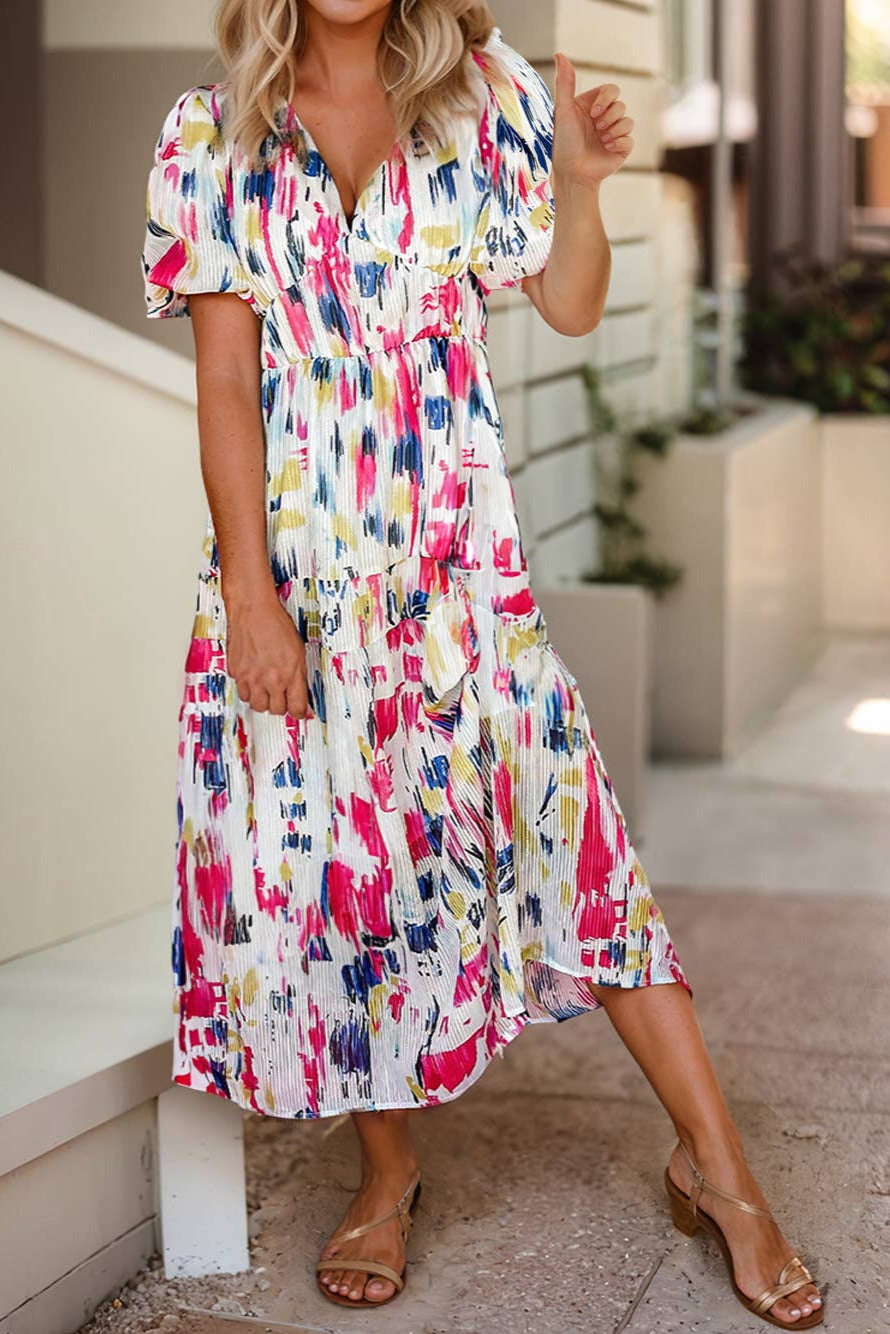 Abstract Print Short Puff Sleeve Tiered Maxi Dress