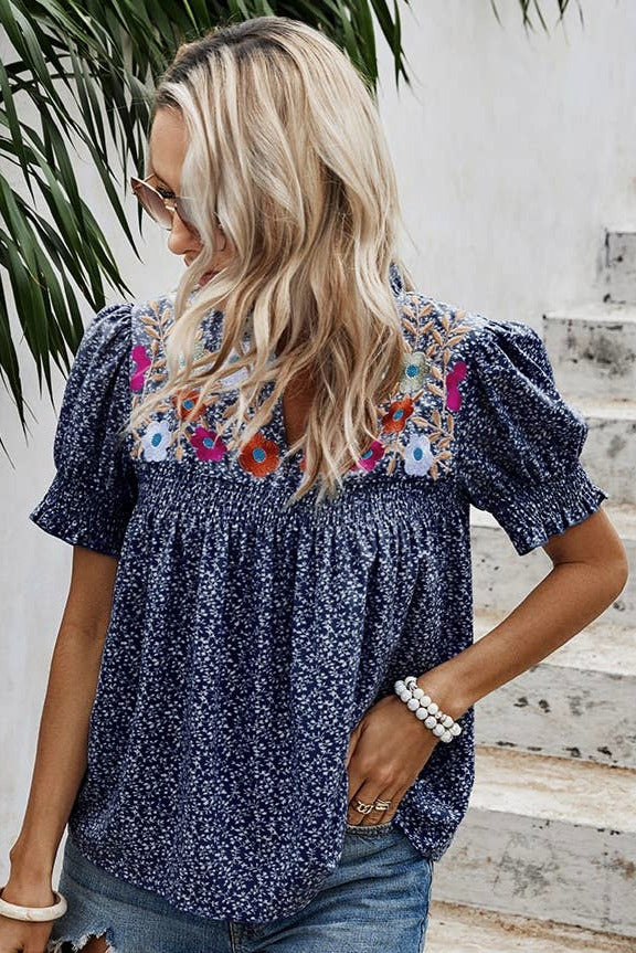 Floral Puff Sleeve Loose Fit Ruffle Blouse