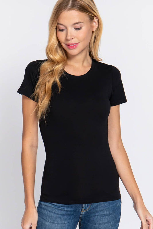 Short Sleeve Crew Neck Cotton Spandex Jersey Top-Black
