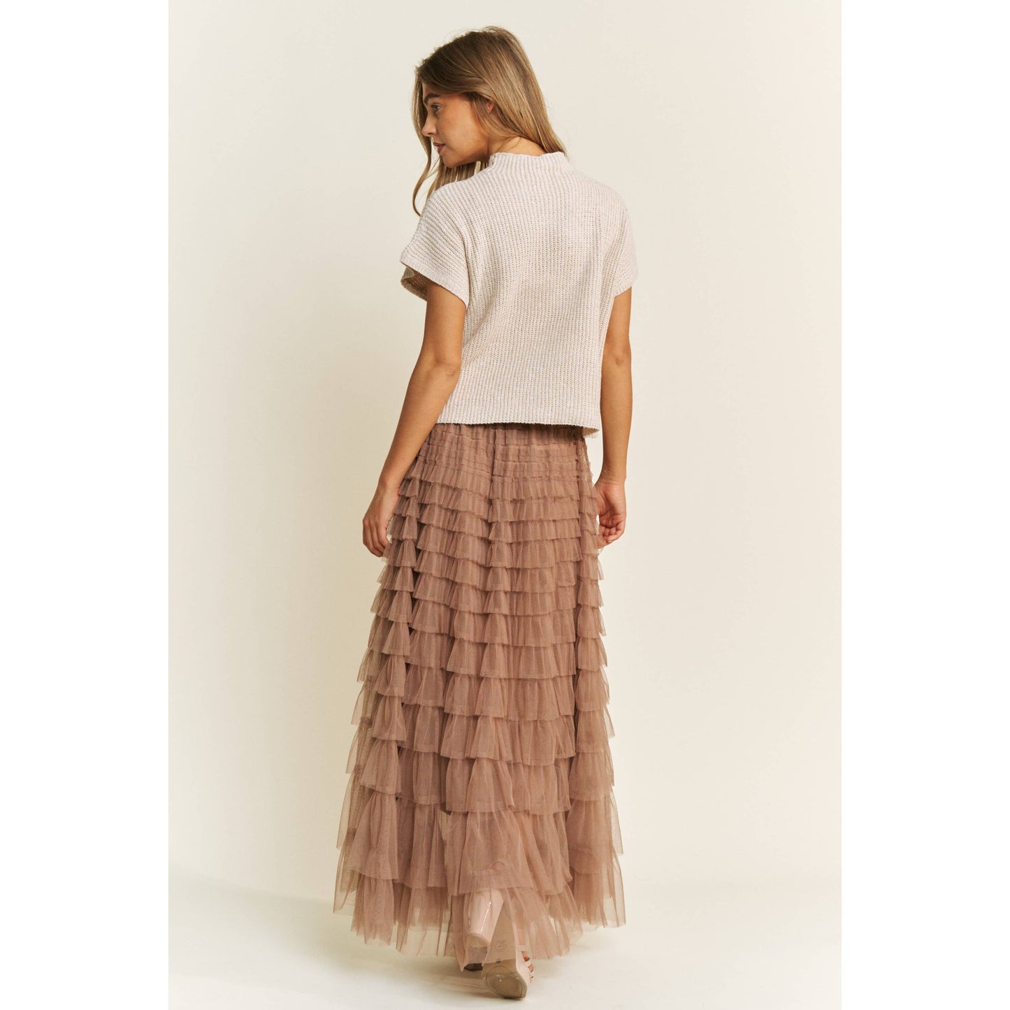 CASCADING TULLE MESH TIERED MAXI SKIRT