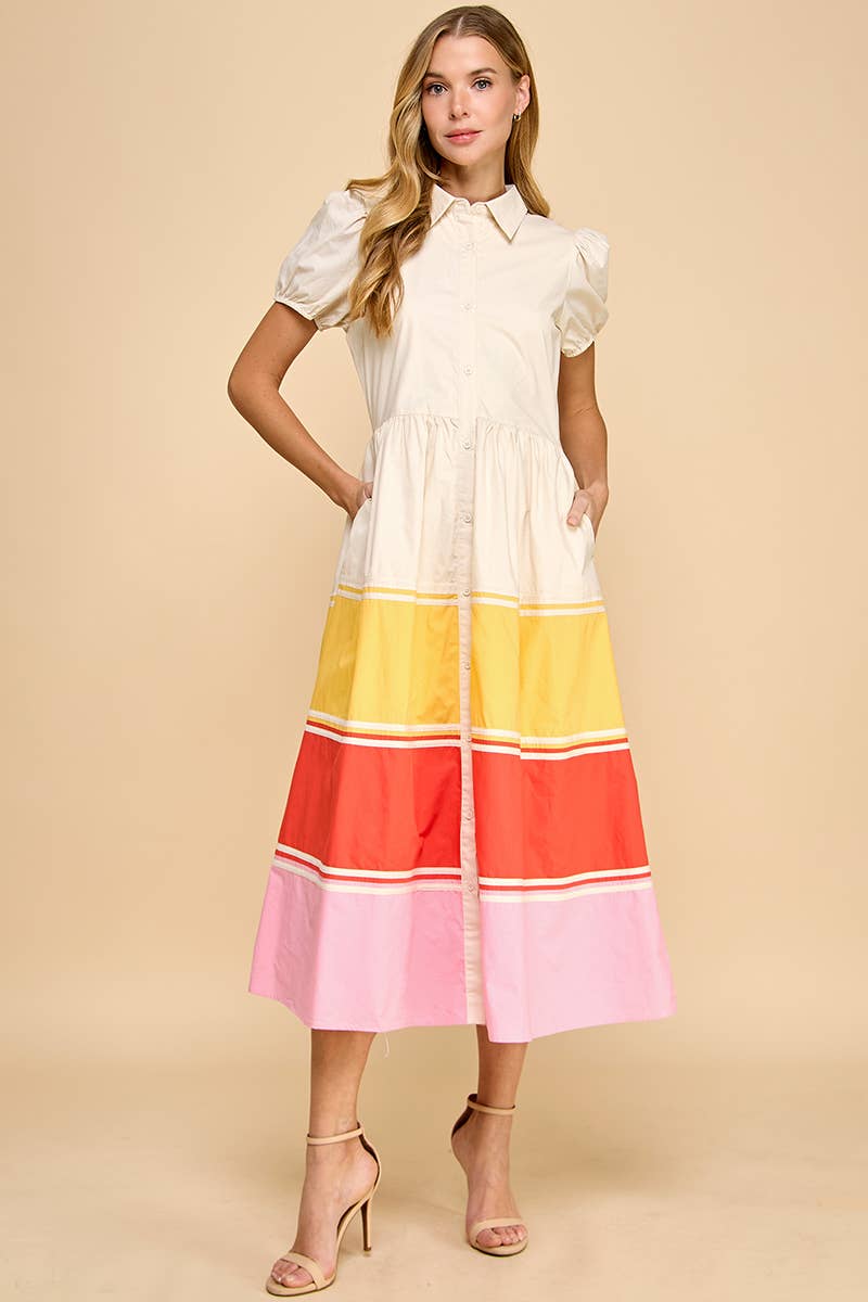 Short Puff Sleeves Color Block Hem Button Up Dress