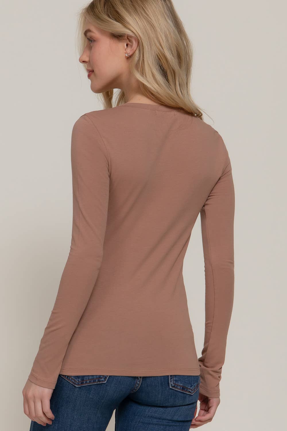 Long Sleeve Crew Neck Cotton Spandex Jersey Top: KHA-mocha mousse
