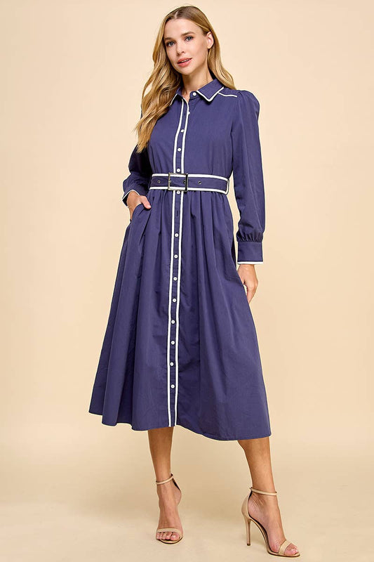 Collared Adjustable Tie Midi Shirt Dress