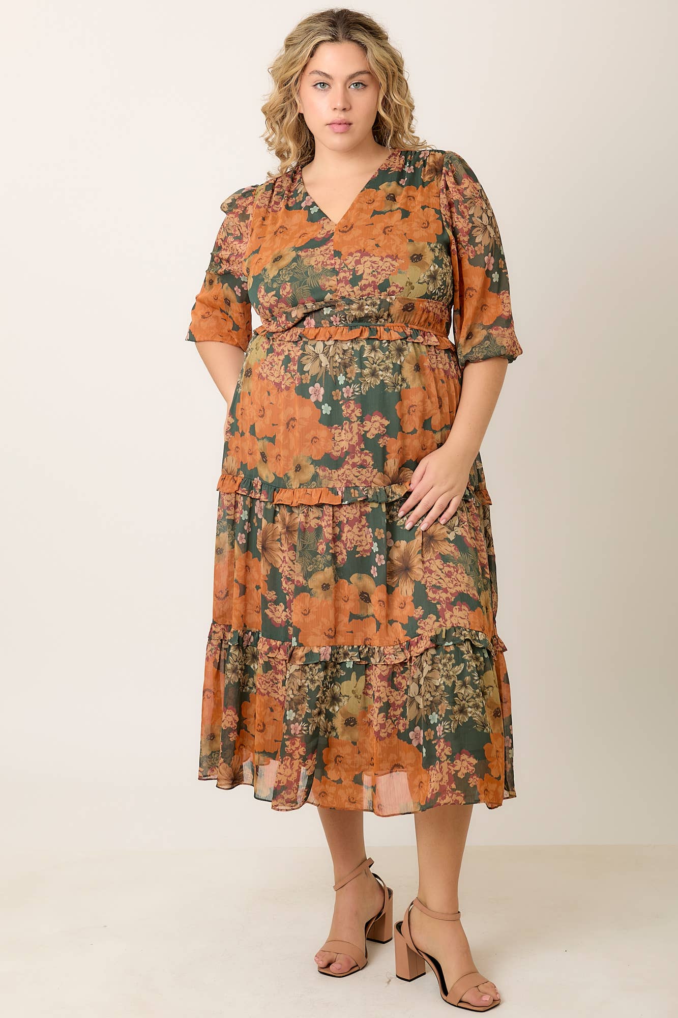 Woman wearing a floral dress with a plain background