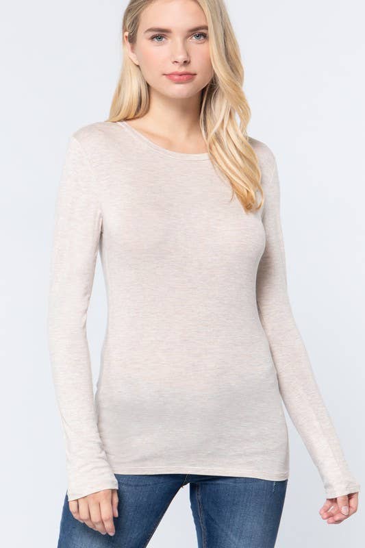Long Sleeve Crew Neck Top Rayon Spandex Jersey Top- Oatmeal