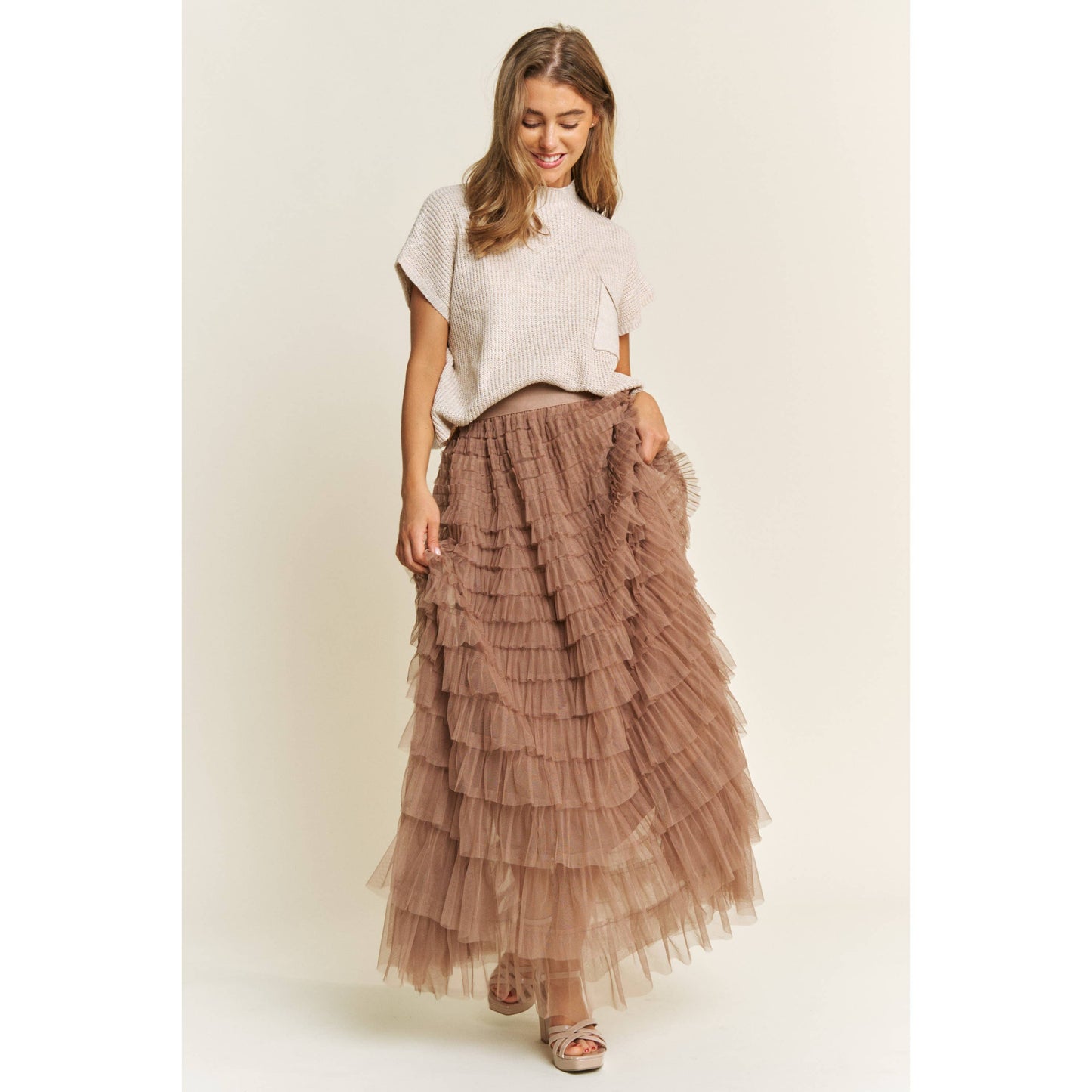CASCADING TULLE MESH TIERED MAXI SKIRT