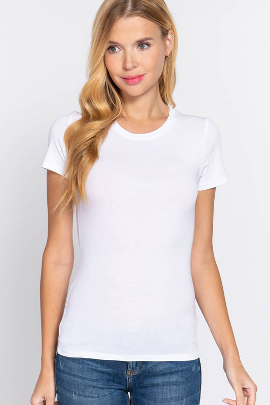 Short Sleeve Crew Neck Cotton Spandex Jersey Top- White