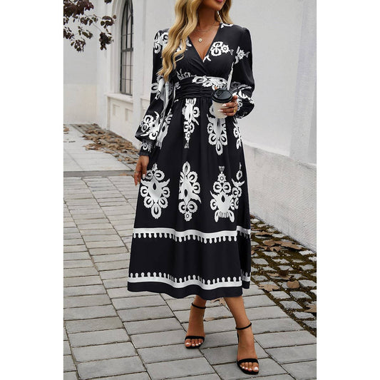 Floral Print V Neck Bell Sleeve Ruche Waist Dress