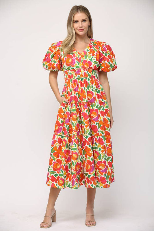 FLORAL PRINT POPLIN SHIRRED WAIST TIERED DRESS