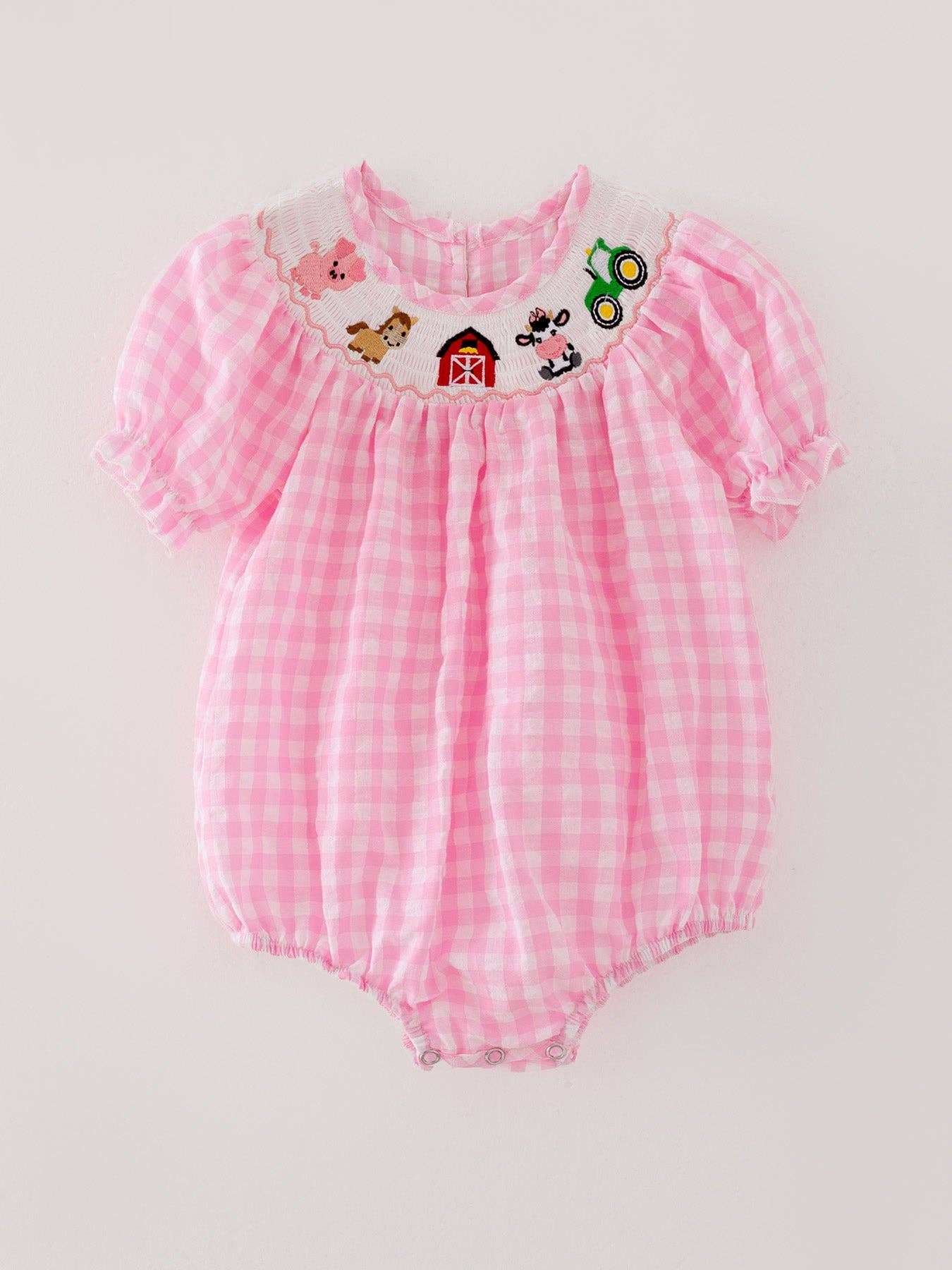 Farm Pink Smocking Embroidered Girls Bubble