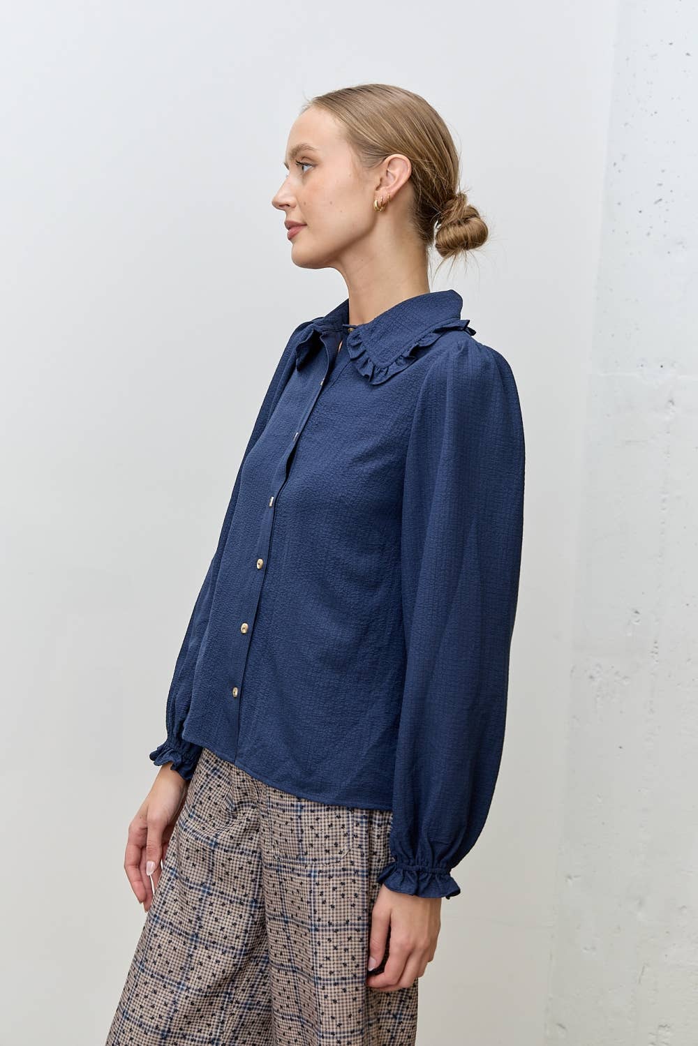 Classic Navy Ruffle-Trim Blouse