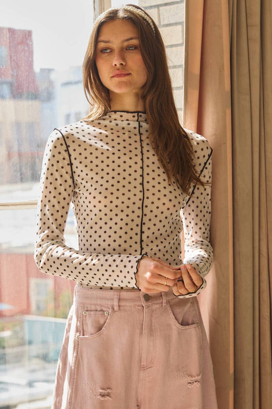 Polka Dot Mesh Turtleneck Top