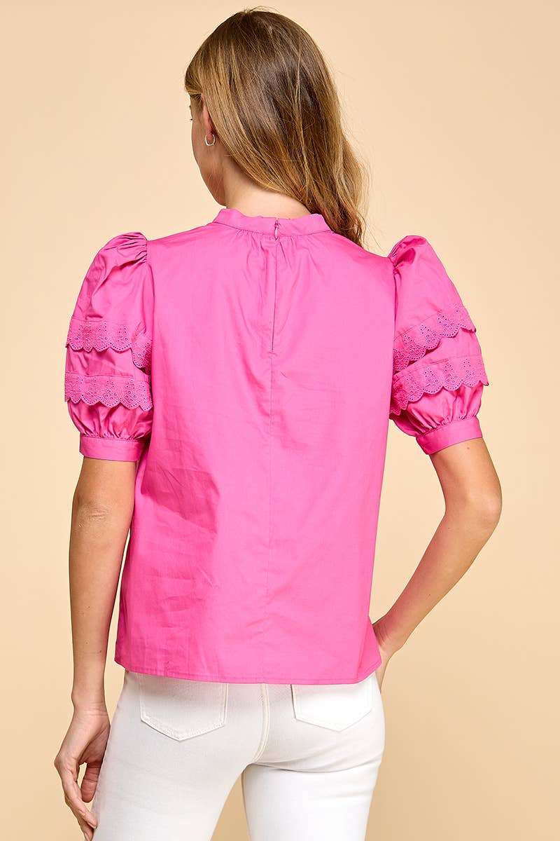 Puffed Sleeves Lace Detail Poplin Top