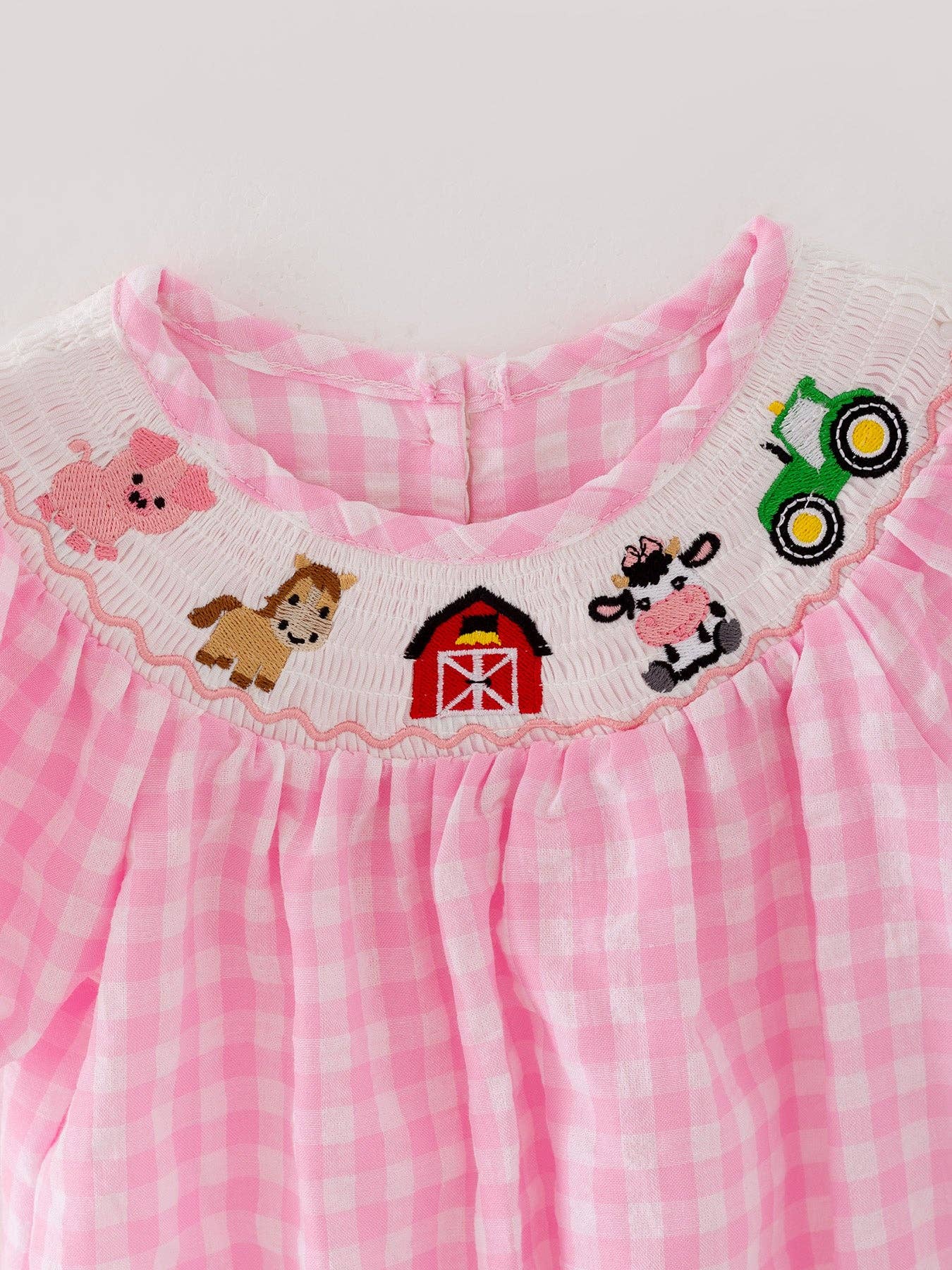 Farm Pink Smocking Embroidered Girls Bubble