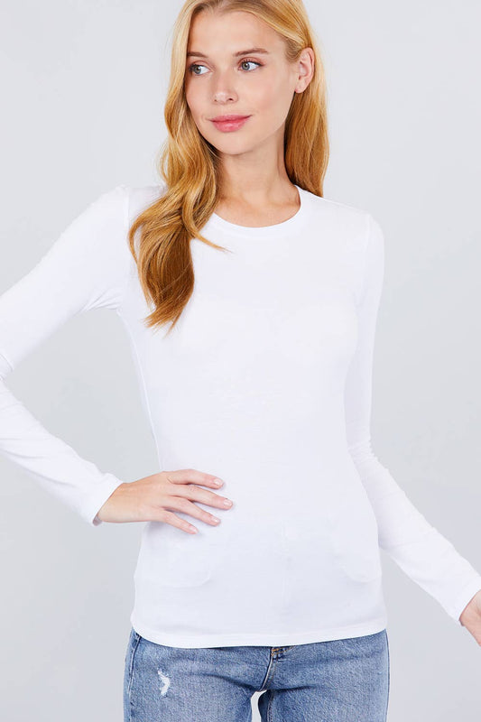 Long Sleeve Crew Neck Cotton Spandex Jersey Top- White